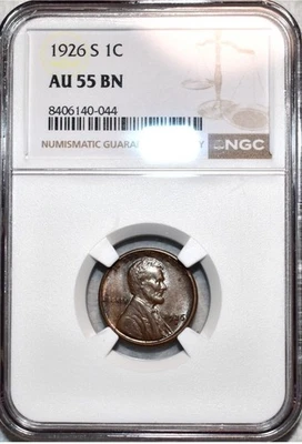 NGC AU-55 BN 1926-S Lincoln Cent, Well-Struck & Highly Lustrous, Looks 58. - Image 1 of 2