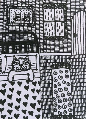 Original ACEO Ink Drawing Cute Sleepy Cat Kitty Animal Mini Naive Art ATC OOAK - Image 1 of 2