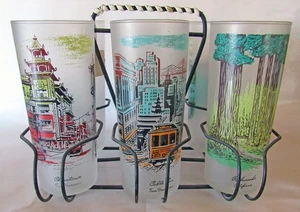 Vintage  Libbey California Scenes  Frosted Glasses Complete Set of 6 w/ Holder - Picture 1 of 6
