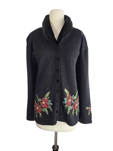 VTG Tiara Beaded Cardigan Sweater 2X Black Christmas Poinsettia Faux Fur Collar - Picture 1 of 15