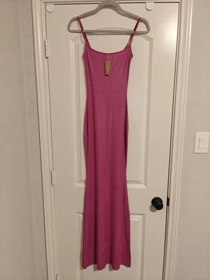 SKIMS Ribbed Long Slip Maxi Dress Fuchsia Foil Pink Shimmer Lounge Cozy Small  - Image 1 of 2