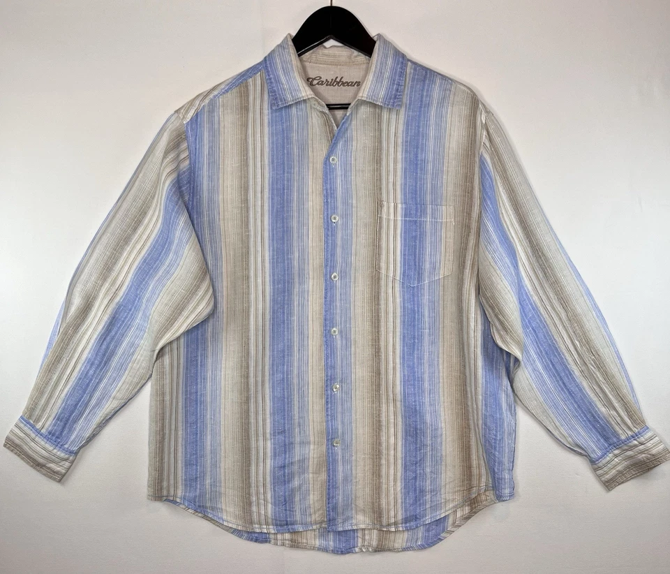 Camisa Caribeña Para Hombres Lino Algodón Manga Larga Con Botones Talla Grande Rayas Foto 1 de 4