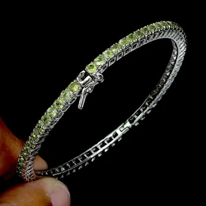 925 Sterling Silver Bangle Round Peridot Natural Gemstone Jewelry 6.7inches - Picture 1 of 13