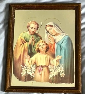 Vintage French Holy Family Wall Mirror Wooden Frame- Jesus Mary Joseph Orchids - Foto 1 di 8