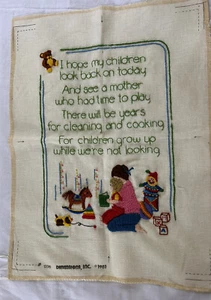 Finished Crewel Embroidery Mother Children Grow Up Poem Dimensions Vtg 1981 - Picture 1 of 6