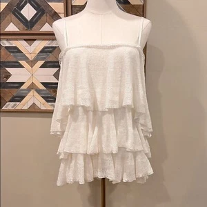 Camiseta sin mangas Ralph Lauren vintage de lino tejido a ganchillo con volantes en capas marfil grande - Imagen 1 de 11