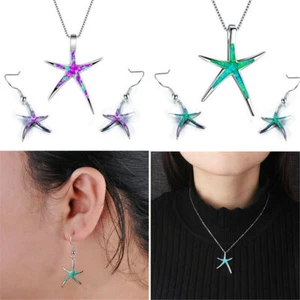 Starfish Blue Fire Opal Sea Ocean Theme Necklace Pendant Earrings Jewelry Set - Picture 1 of 11