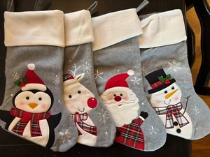 Threetols 4pcs Christmas Stockings Set in Gray Santa Bear Snowman Penguin 15" - Picture 1 of 8