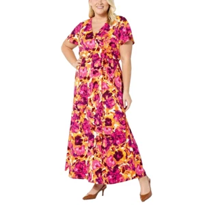 Artsy Maxi Surplice Dress 1X Pink Dragon Fruit Flutter Sleeve Nina Leonard New - Picture 1 of 3