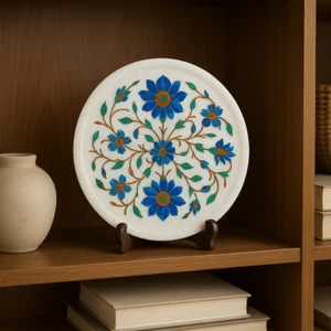 9" Marble Inlay Trivet Plate Semi Precious Stone Pietra Dura Floral Art - Picture 1 of 10