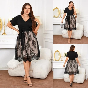 Plus Size Women Lace Mesh Sheer Mini Dress V Neck Evening Cocktail Party Dress - Picture 1 of 18