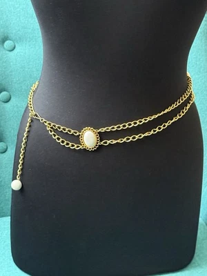 Винтажный золотистый цепной ремень белый овальный кабошон цыганский стиль 70-х - Изображение 1 из 4