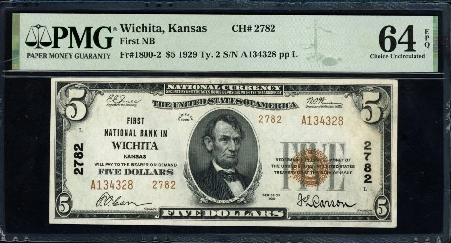 1929 Type 2 $5 Note First National Bank in Wichita Choice Uncirculated 64 EPQ - Image 1 of 2