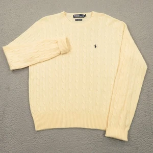 VINTAGE Polo Ralph Lauren Sweater Mens Medium Cream Cableknit Navy Pony Grandpa - Picture 1 of 12