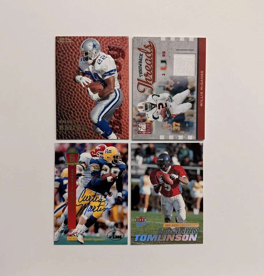 Lote de 4 tarjetas de fútbol americano Emmitt Smith Tomlinson Curtis Martin McGahee Jersey Salón de la fama automático Foto 1 de 4