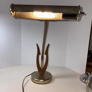 Mid-century Wood And Brass Goose Neck Desk Lamp - Picture 1 of 14