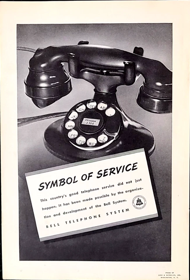 Teléfono giratorio negro Bell Telephone original 1938 vintage anuncio impreso arte de pared Foto 1 de 1