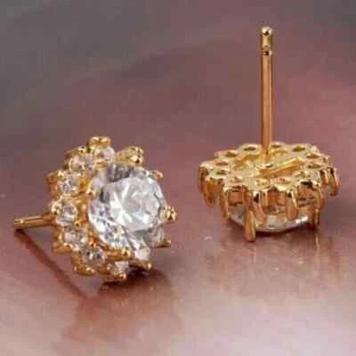 2 克拉圆形切割实验室钻石女士耳钉耳环 14K 镀黄金 — 第 1/4 张图片