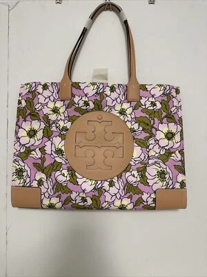 Bolso de Mano Grande Tory Burch Ella Aster Rosa Flor Nylon Cuero Foto 1 de 4