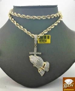Real 10k Yellow Gold & Diamond Guardian Praying Hand with 26 Inches Rope Chain. - Picture 1 of 4