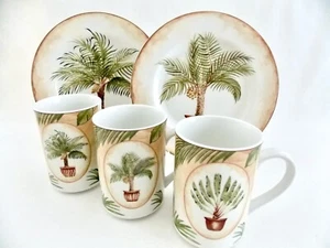"TROPISCHE PALME"" AMERIKANISCHES ATELIER SET MIT DREI TASSEN, ZWEI PLATTEN, GRÜNE PALMEN" - Bild 1 von 11