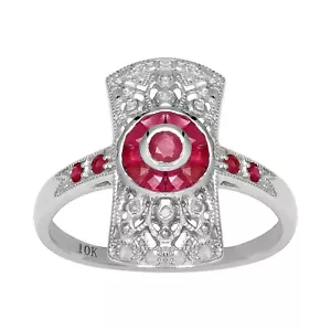 10k White Gold Antique Vintage Style Genuine Ruby and Diamond Ring - Picture 1 of 5