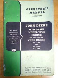 John Deere Operators Manual OM-E11-1050 Wisconsin Model VF4D w/JD 114W & 116W - Picture 1 of 5