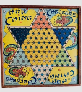 HOP CHING VINTAGE 1940s PRESSBOARD CHINESE CHECKERS GAME, WOOD FRAME, 15" x .5" - Picture 1 of 6