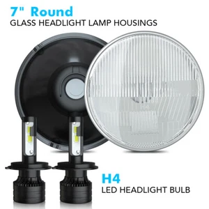 For 1976-1987 Jeep CJ7 7" Inch Round Sealed Beam Glass HEADLIGHTs H4 Bulbs H6024 - Foto 1 di 12