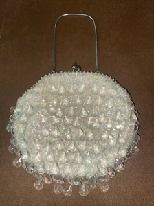 Vintage 1950s Formal Richere Bag by Walborg Ivory Satin w/ Glass Beads & Sequins - Picture 1 of 8