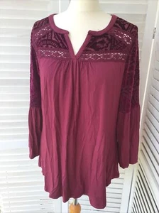 TOGETHER Size 12 Dark Red Burgundy Burnout Sheer Shoulder Neck Tunic Top Velour - Picture 1 of 9