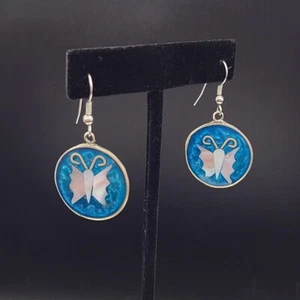 Vintage 1980's Mother of Pearl and Silver Drop Earrings Mexico Made - Picture 1 of 5