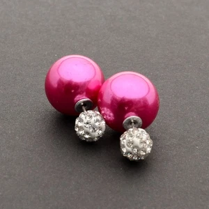 Doppelperlen Ohrringe Ohrstecker Damen Perlen Ohrschmuck Pink mit Strasskugel - Bild 1 von 1