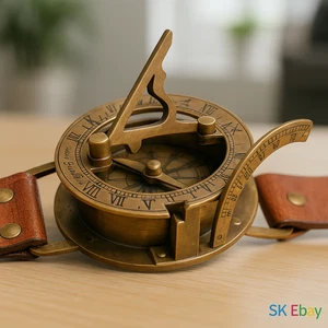 Orologio in pelle quadrante sole ottone bussola pelle vecchio oro lucentezza insolito UK - Foto 1 di 11