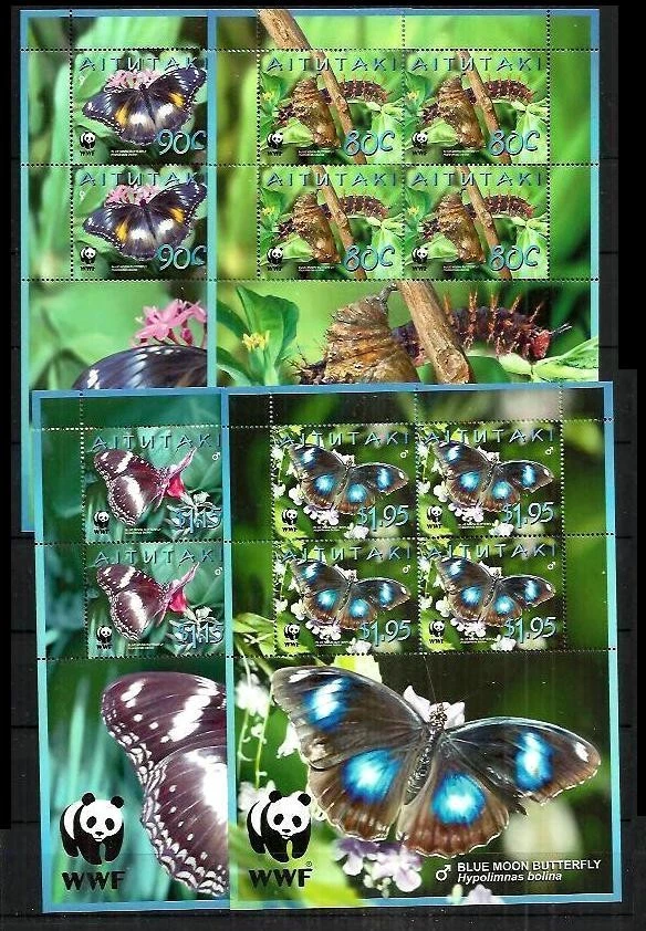 Aitutaki 2008 MNH 4v Sheets, WWF, Blue Moon  Butterflies - Image 1 of 1