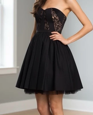 AIDAN MATTOX Black Strapless Lace Trim Taffeta Cocktail Party Dress Size 10 NWT - Image 1 of 4