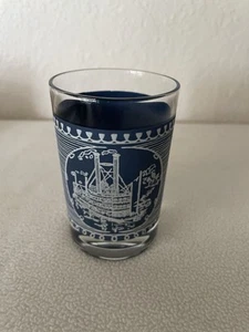 Currier and Ives 4 OZ Blue Frosted Juice Glass With Steamship Design - Picture 1 of 8