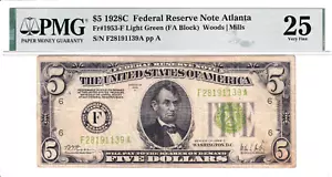 1928-C $5 Federal Reserve Note Atlanta Light Green Seal PMG VF25 #F28191139A - Picture 1 of 2