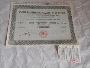 Vintage share certificate Stocks Bonds action Parisienne placement et de gestion - Foto 1 di 2