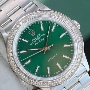 Rolex Mens Air King SS Watch 34mm Green Dial Diamond Bezel Oyster Band 14000 - Picture 1 of 12