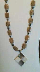 Jasper, Agate and Hematite Necklace, with Large MOP Checker Board Pendant - Picture 1 of 8