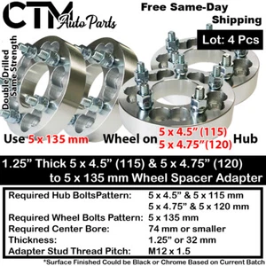 4x 1.25" THICK 5x4.5(115) & 5x4.75(120) TO 5x135 WHEEL ADAPTER FIT CHEVY & MORE - Picture 1 of 4