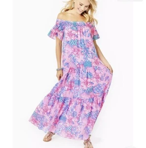 Neu mit Etikett Lilly Pulitzer DEZI SCHULTERFREIES Maxikleid Gr. M - Bild 1 von 11