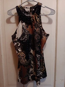 J.T.B.Women Sleeveless Top Size Large Paisley Brown Black White Bead Collar  - Picture 1 of 13