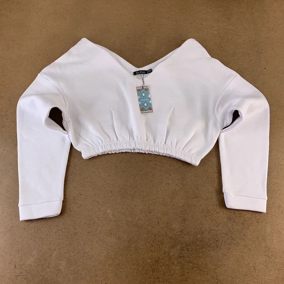 Sudadera corta Boohoo para mujer talla 12 de gran tamaño blanca manga larga cuello en V nueva con etiquetas Foto 1 de 4