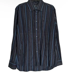 Guy Laroche Homme Mens Black Blue Striped Button Down Dress Shirt 100% Cotton L - Picture 1 of 12