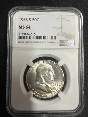 1953-S  50C  FRANKLIN SILVER HALF DOLLAR MINT STATE NGC MS64 - Image 1 of 2