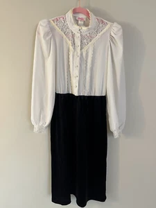 VTG Jerri Gee Black & White Ruffle Lace Puff Sleeve Dress Velvet Skirt Prairie T - Picture 1 of 7