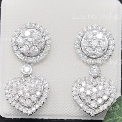 Pendientes de oro blanco de 18k elegantes diamantes colgantes naturales corazón Foto 1 de 4