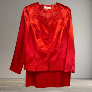 Women's Two Piece Satin Red Emily Brand Formal Embellished Suit Size 10 - Picture 1 of 5